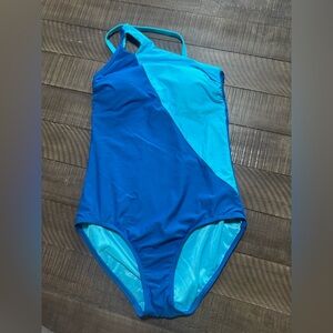 Lands' End Turquoise and Blue Tummy Control Women’s One Shoulder Swimsuit